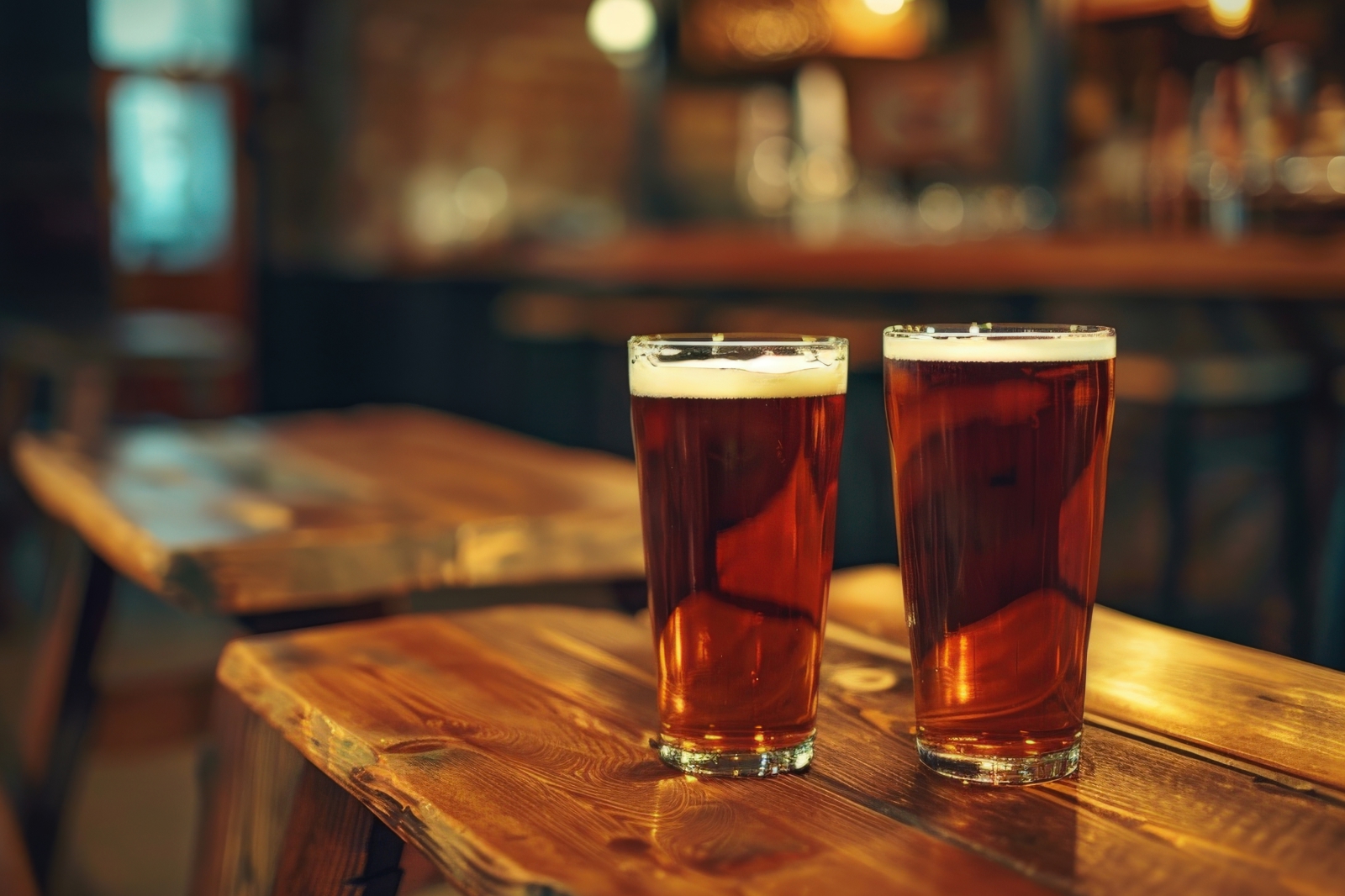 海外パブのカウンターにパイントグラスが2つ並ぶ、ビールはペールエールのイメージ