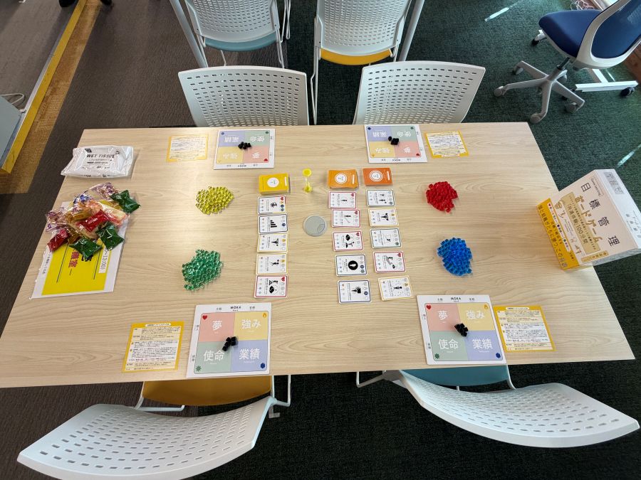 机の上にボードゲームをセットした状態の様子